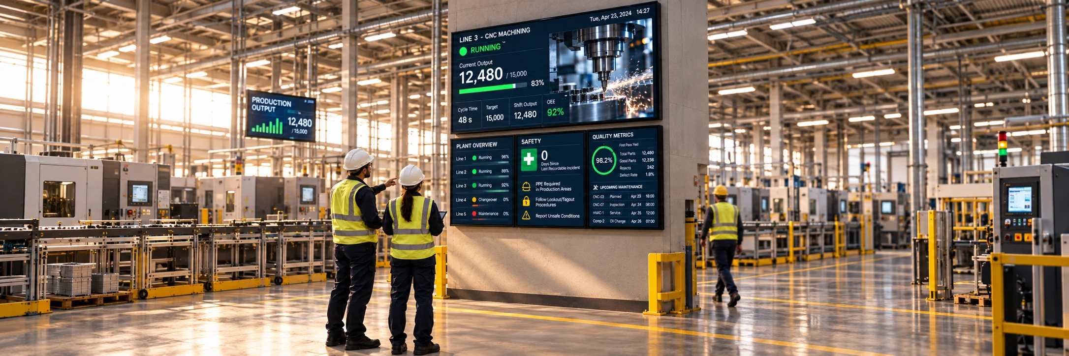 Factory floor with production dashboards